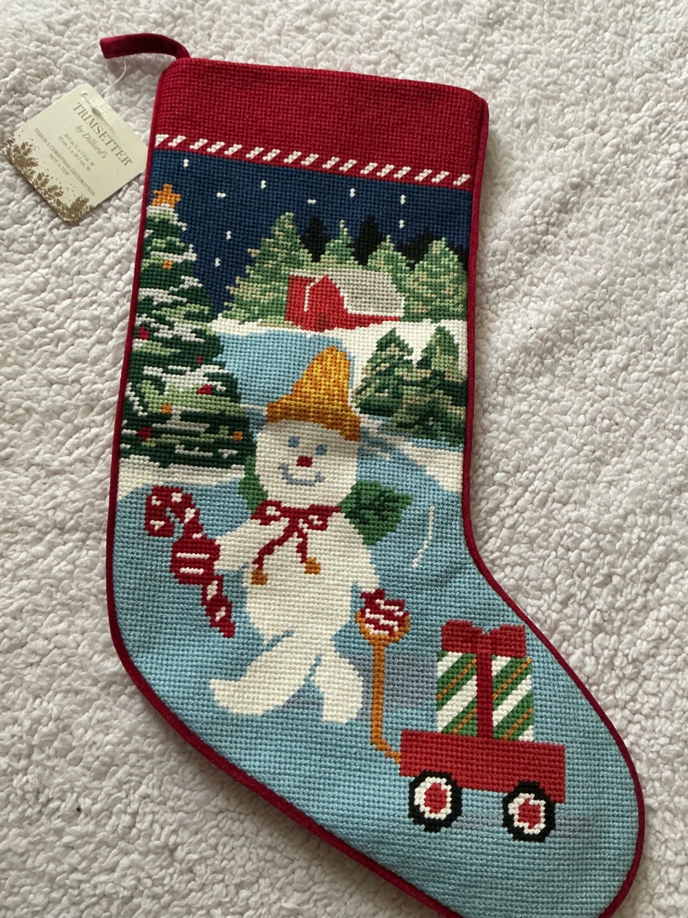Trimsetter Snowman Needlepoint Christmas Stocking - Red Trim
